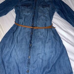 Denim Button-Down Dress with Brown Belt